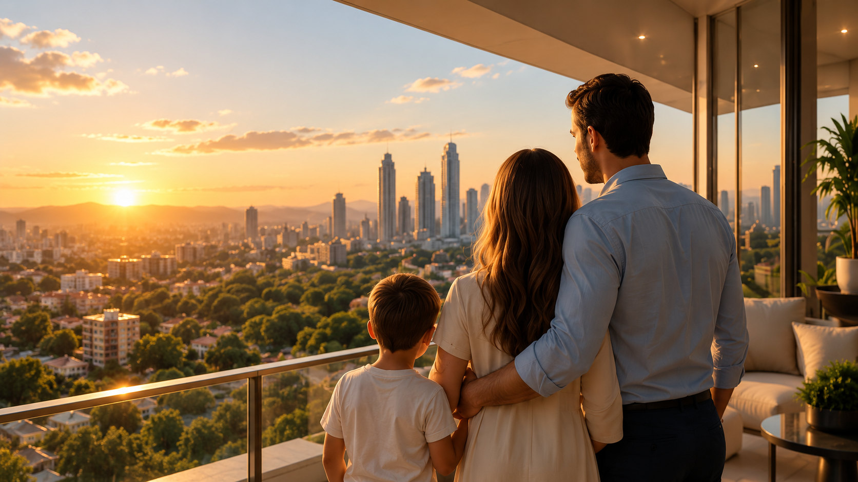 Família reunida em uma varanda ao pôr do sol.