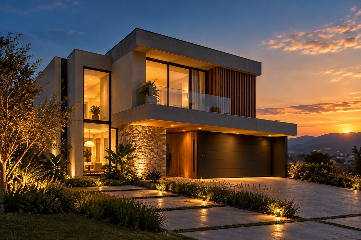 Fachada de uma casa moderna com iluminação acolhedora ao entardecer.
