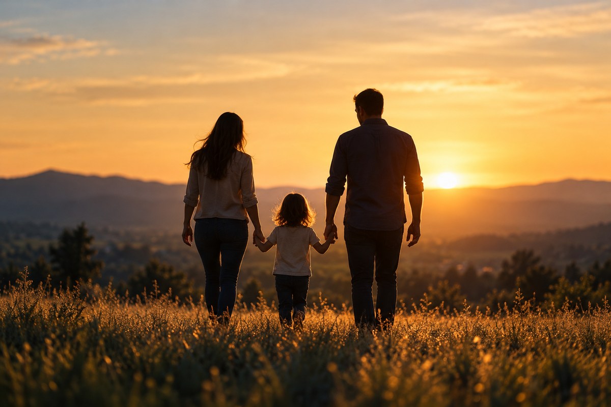 Silhueta de uma família de mãos dadas no pôr do sol.
