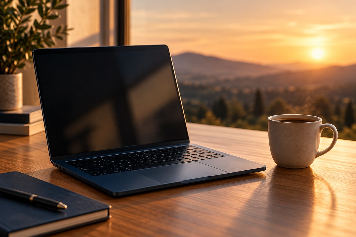 Notebook e xícara de café em uma mesa na luz dourada.