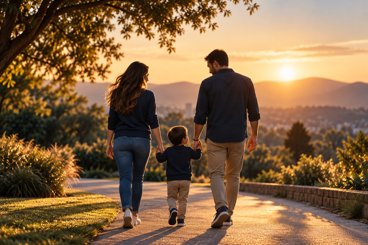 Família caminhando ao ar livre na luz dourada.