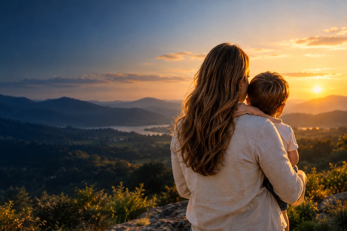 Mãe com criança contemplando o pôr do sol.