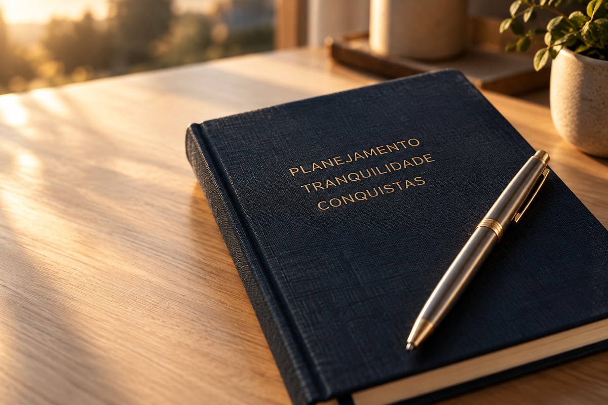 Caderno azul-marinho com caneta e as palavras Planejamento, Tranquilidade e Conquistas na capa.